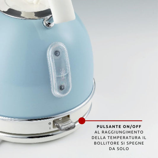 Ariete Bouilloire Vintage 2877, Bouilloire Électrique avec Niveau D'Eau Visible, Base Sans Fil 360°, Arrêt Automatique, Poignée Ergonomique, Capacité 1.7 L, Acier Inoxydable, 2000W, Bleu Clair
