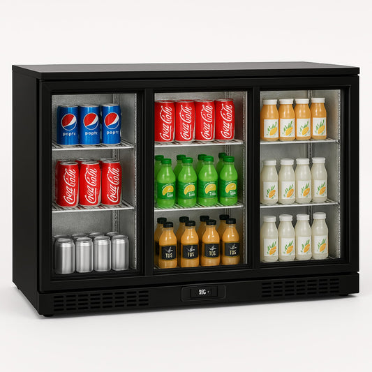 Arrière-Bar Réfrigéré - 3 Portes Vitrées Coulissantes – 320 L – Température 2°C à 8°C – Éclairage LED – Dégivrage Automatique – Compact et Économique