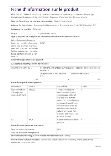 METRO Professional Réfrigérateur à Boissons GSC4240 237 L 54 x 54.5 x 139.5 cm Métal/Plastique/Verre Refroidissement