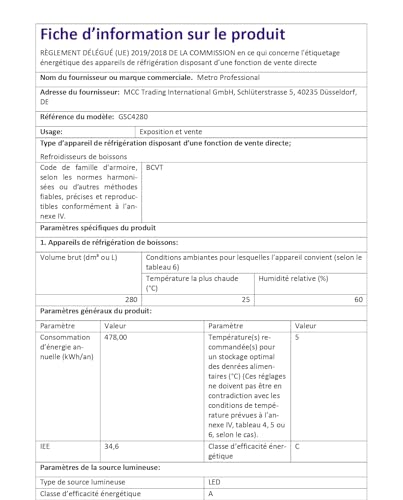 METRO Professional Réfrigérateur à boissons GSC4280 Vitrine Réfrigérée 280 L Réfrigération Ventilée 210 W Avec Serrure
